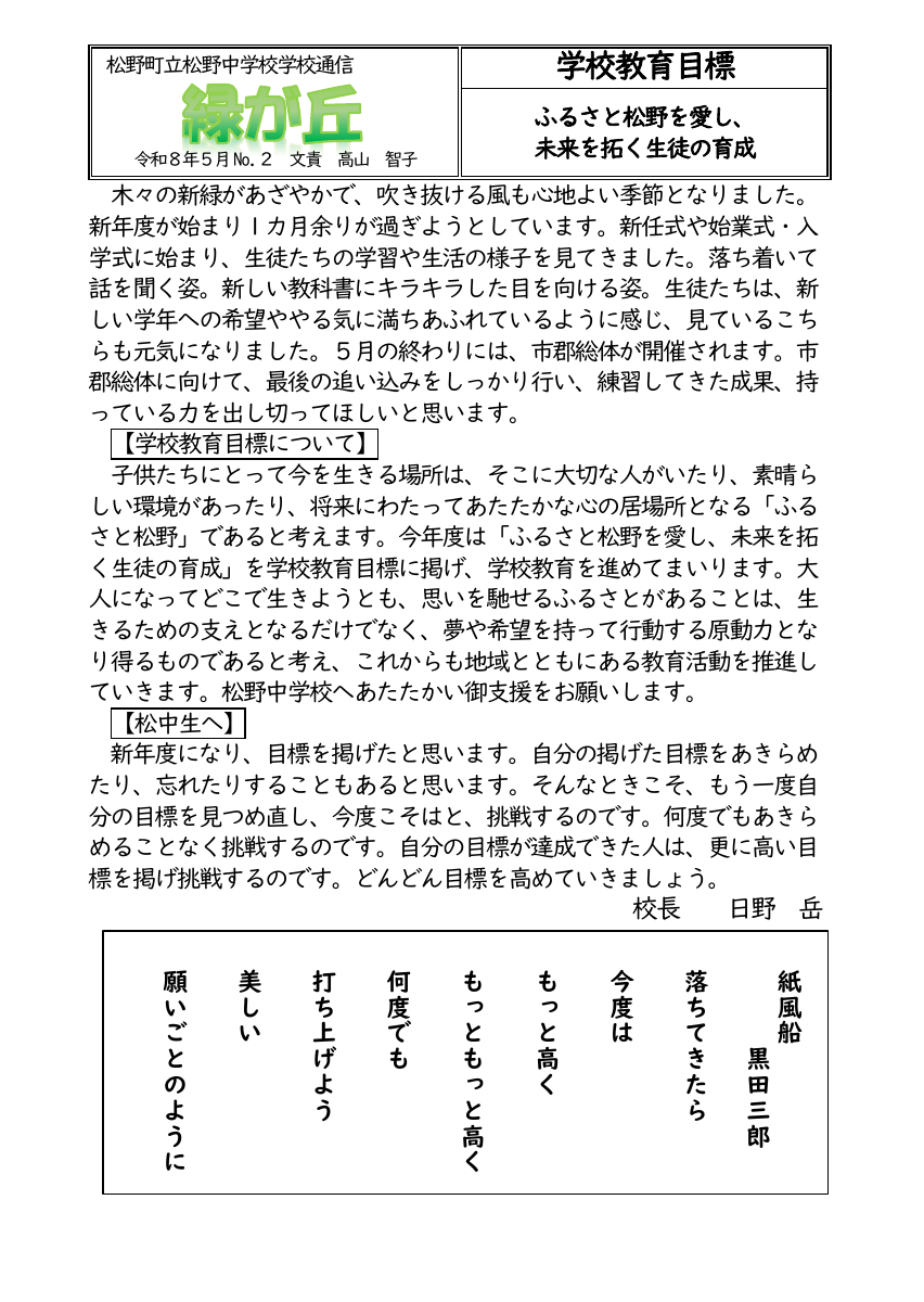 松野中学校通信NO２.pdfの1ページ目のサムネイル