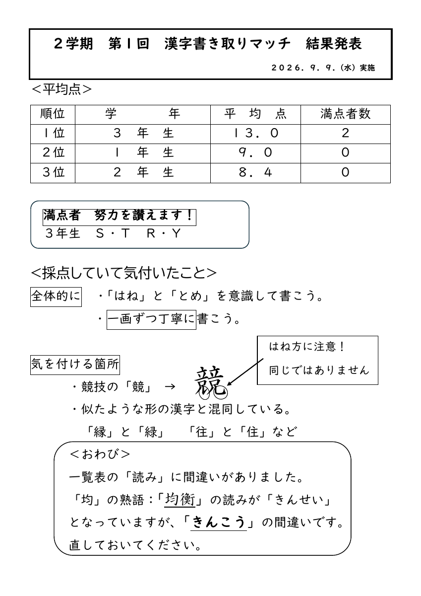 【結果】２学期第１回漢字書き取りマッチ.pdfの1ページ目のサムネイル